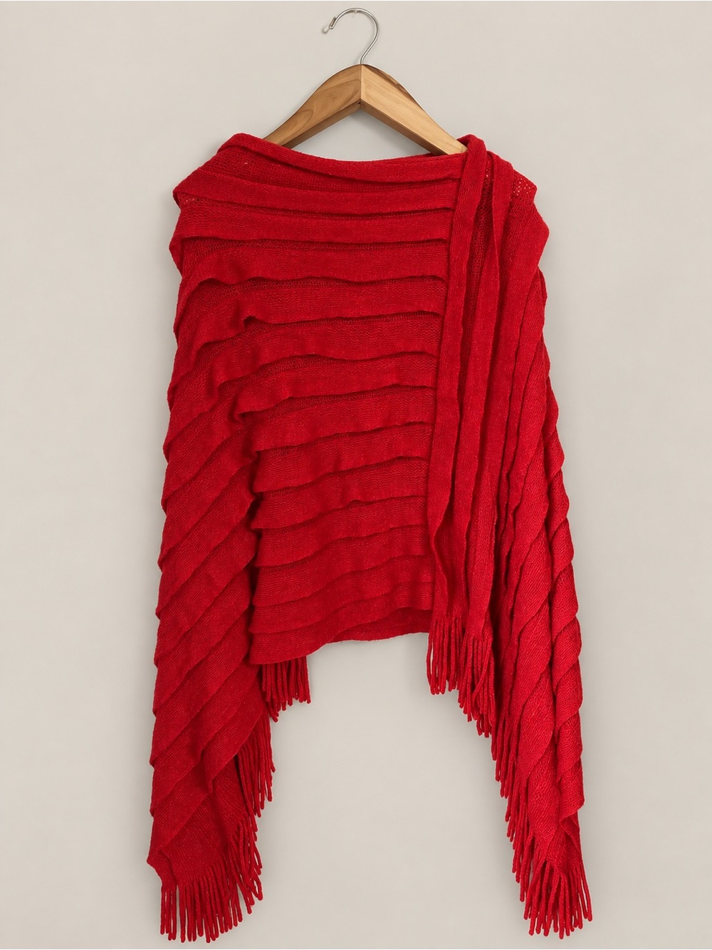 Red Textured Knit Shawl Wrap Fringe Boho Gothic Witchy Dark Romantic OS